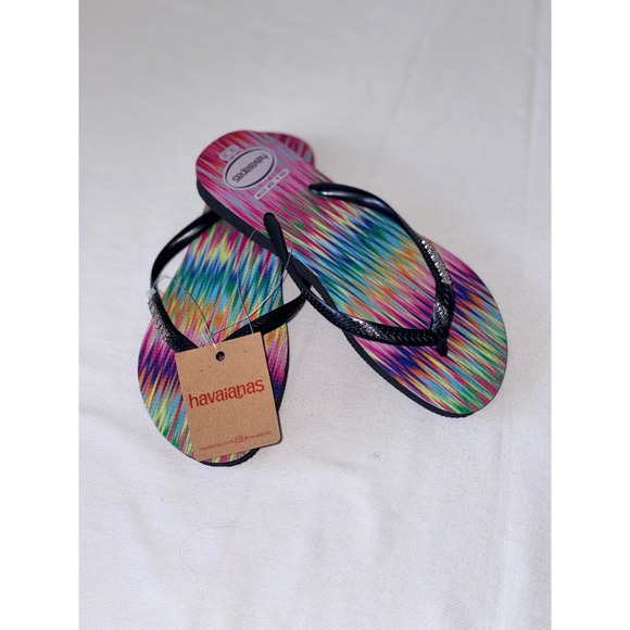 Havaianas Shoes - Havaianas Slim Multi Color Ikat Print Flip Flops Black Straps Womens 6 NEW